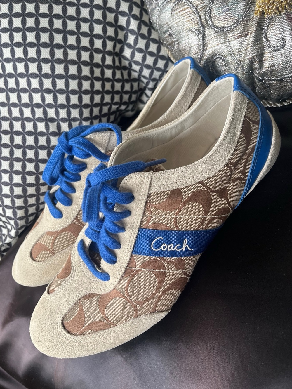 Coach Brown Signature Canvas Sneakers with Bright Blue Trim